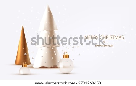 Christmas background with glass balls and trees. Holiday card with silver snow. Vector x-mas design.