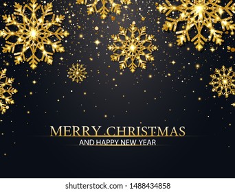 Christmas background with glitter snowflakes and falling particles. Merry Christmas and Happy New Year banner. Luxury festive greeting card. Sparkling golden snowflakes. Vector Illustration.