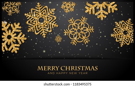Christmas background with glittering golden snowflake. Vector illustration for banner, card design