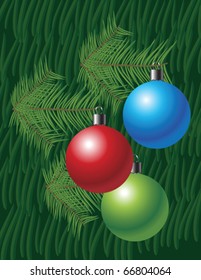 christmas background with globes and pine leaves against green background, abstract vector art illustration