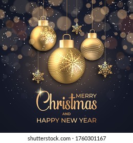 Christmas background with glowing dots light golden stars bubbles and snowflakes - Happy new year