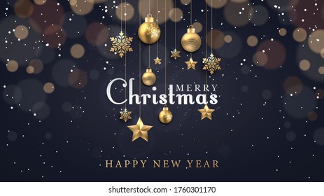 Christmas background with glowing dots light golden stars bubbles and snowflakes - Happy new year