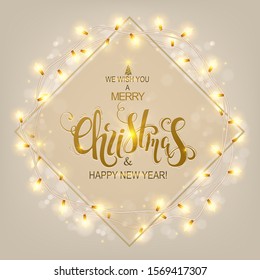 Christmas background with Glowing Lights Garland. Decorative Christmas wreath. Vector illustration for Christmas cards, banners, tags and labels.