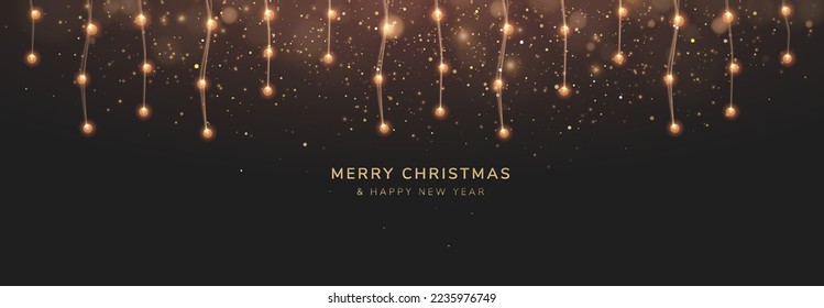 Christmas Background with Glowing Christmas Lights and Glitter Particles. Vector illustration