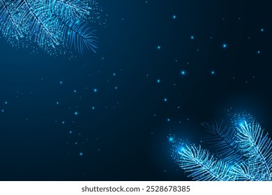 Christmas background with glowing pine branches and empty space on dark blue background. Festive holiday atmosphere, winter greenery, and seasonal design. Low polygonal abstract vector illustration