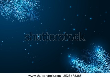 Christmas background with glowing pine branches and empty space on dark blue background. Festive holiday atmosphere, winter greenery, and seasonal design. Low polygonal abstract vector illustration