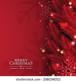 Christmas background with glowing red snowflakes and christmas tree. Illustration of a Christmas card on a red background. Sparkling red snowflakes with glitter texture