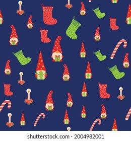 Christmas background with gnomes, candy cane and stockings. wrapping paper and background image