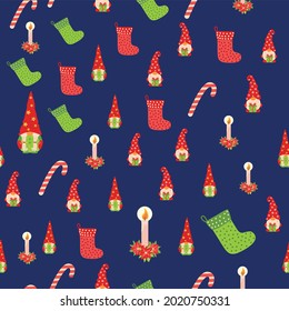 Christmas background with gnomes, candy cane and stockings. wrapping paper and background image
