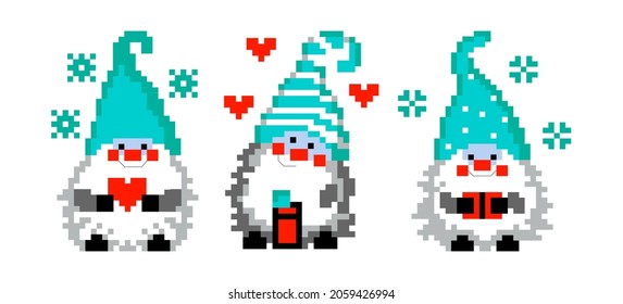 Christmas background. Gnomes. Holiday. Pixel graphics