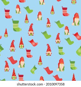 Christmas background with gnomes and stockings. Scandinavian christmas