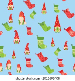 Christmas background with gnomes and stockings. Scandinavian christmas