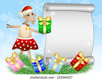 christmas background with a goat, sheet of paper and gifts,vector illustration