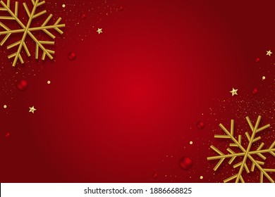 Christmas background with gold 3D snowflakes on red background.