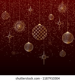 Christmas background Gold balls toys stars snow glitter on a red background A festive background for Christmas and New Year A pattern of gold lines toys balls a Chinese New Year theme Vector header