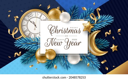 Christmas Background, Gold Baubles, Blue Fir Tree Branches, Moon And Clock Face. Vector Illustration. Square Frame, Place For Text. Winter Holiday Template Design For Poster, Flyer, Brochure, Voucher