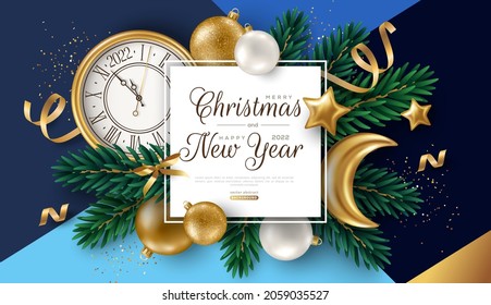 Christmas background with gold baubles, fir tree branches, moon and clock face. Vector illustration. Square frame, place for text. Winter holiday template design for poster, flyer, brochure, voucher