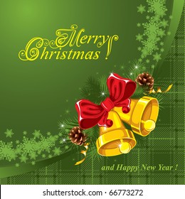 Christmas background with gold bells and a checkered cloth (tartan)