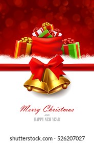 Christmas background with gold bells, red bow and sack full of gifts.