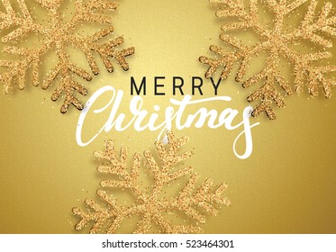 Christmas background gold color with beautiful snowflakes. Template christmas greeting card. Xmas Holiday and Happy New Year