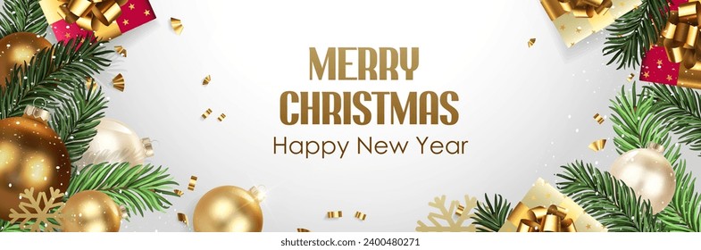 Christmas background with gold decorations, gift boxes, Christmas tree branches.Vector brochure cover design, landing page, discount flyer