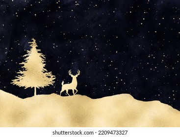 Christmas background with gold deer and tree in snowy landscape