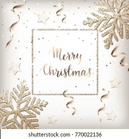 Christmas background with gold glitter confetti, glossy and glass stars, snowflakes, ribbons, golden frame.