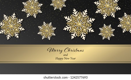 Christmas background with gold glitter snowflakes. Shine winter holiday greeting card. Vector illustration 
