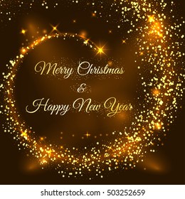 Christmas background with gold magic dust. Round Spiral galaxy of golden grainy abstract texture on a dark. Design element. Vector illustration,eps 10