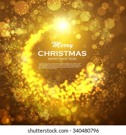 Christmas background with gold magic star. Vector illustration. Golden background christmas. Abstract Christmas background with snowflakes and place for text. Vector Illustration. 