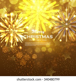 Christmas background with gold magic star. Blurred Christmas Lights for Xmas Holiday Design. Elegant Christmas background with golden snowflakes and place for text. Festive fireworks