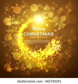 Christmas background with gold magic star. Vector illustration. Golden background christmas. Abstract Christmas background with snowflakes and place for text. Vector Illustration. 