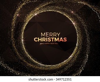 Christmas background with gold magic star dust. Round Spiral galaxy of golden star dust. Golden grainy abstract  texture on a black  background. Design element. Vector illustration,eps 10.