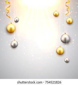 Christmas background with gold and silver christmas balls. Xmas celebration decorative festive design card.