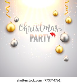Christmas background with gold and silver christmas balls. Xmas celebration decorative festive design card.