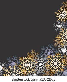 Christmas background with gold and silver snowflakes.