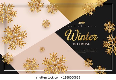 Christmas background with gold snowflakes. Vector illustration. Place for text on trendy geometric backdrop. Winter template design for posters, flyers, brochures or vouchers. Christmas background with gold snowflakes. Vector illustration. Place for text on trendy geometric backdrop. Winter template design for posters, flyers, brochures or vouchers.