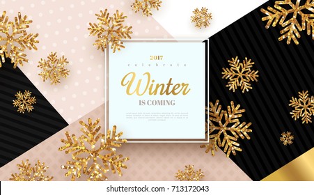 Christmas background with gold snowflakes. Vector illustration. Square frame with place for text on trendy geometric backdrop. Winter template design for posters, flyers, brochures or vouchers. Christmas background with gold snowflakes. Vector illustration. Square frame with place for text on trendy geometric backdrop. Winter template design for posters, flyers, brochures or vouchers.