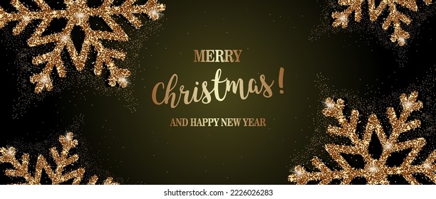 Christmas background with gold Snowflakes.Christmas Greeting Card Merry Christmas  Happy New Year.