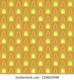 Christmas background of gold squares with green Gift with white ribbon and white contour Christmas tree alternately in a row 