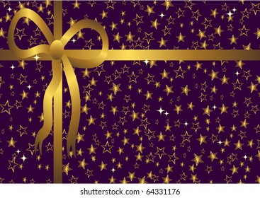 christmas background with gold stars and ribbon. gift. vector.