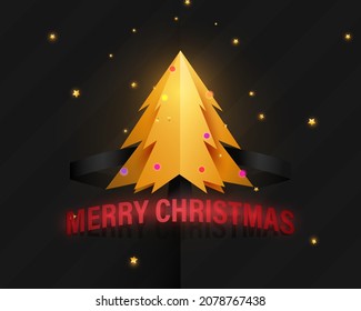 Christmas background. Gold Christmas tree pop up. Paper art. Banner, posters, cards, headers, website