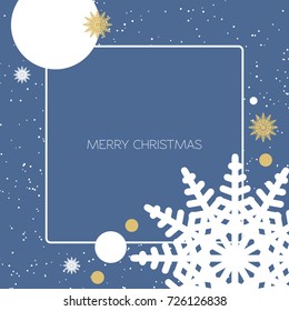 
Christmas background with gold and white snowflakes and circles on a blue template 

for postcards. Vector