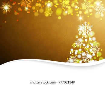 Christmas background with gold and white snowflakes and Christmas tree  in various styles. Abstract Vector Illustration.