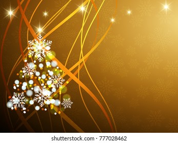 Christmas background with gold and white snowflakes and Christmas tree in various styles. Abstract Vector Illustration.