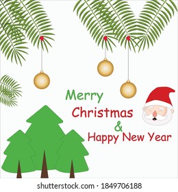
Christmas background with golden ball decorations, Christmas tree and festive text - Merry Christmas and Happy New Year