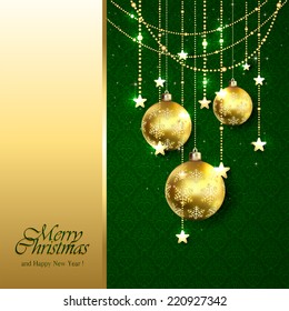 Christmas background with golden balls and decorative elements on green wallpaper, illustration.