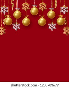 Christmas background with golden balls hanging on ribbon. Xmas decoration gold bauble and bright snowflake,