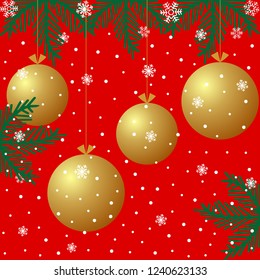 Christmas background with golden balls, snowflakes and branches christmas tree on red background.