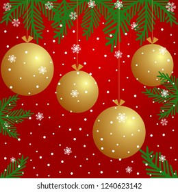 Christmas background with golden balls, snowflakes and branches christmas tree on red background.